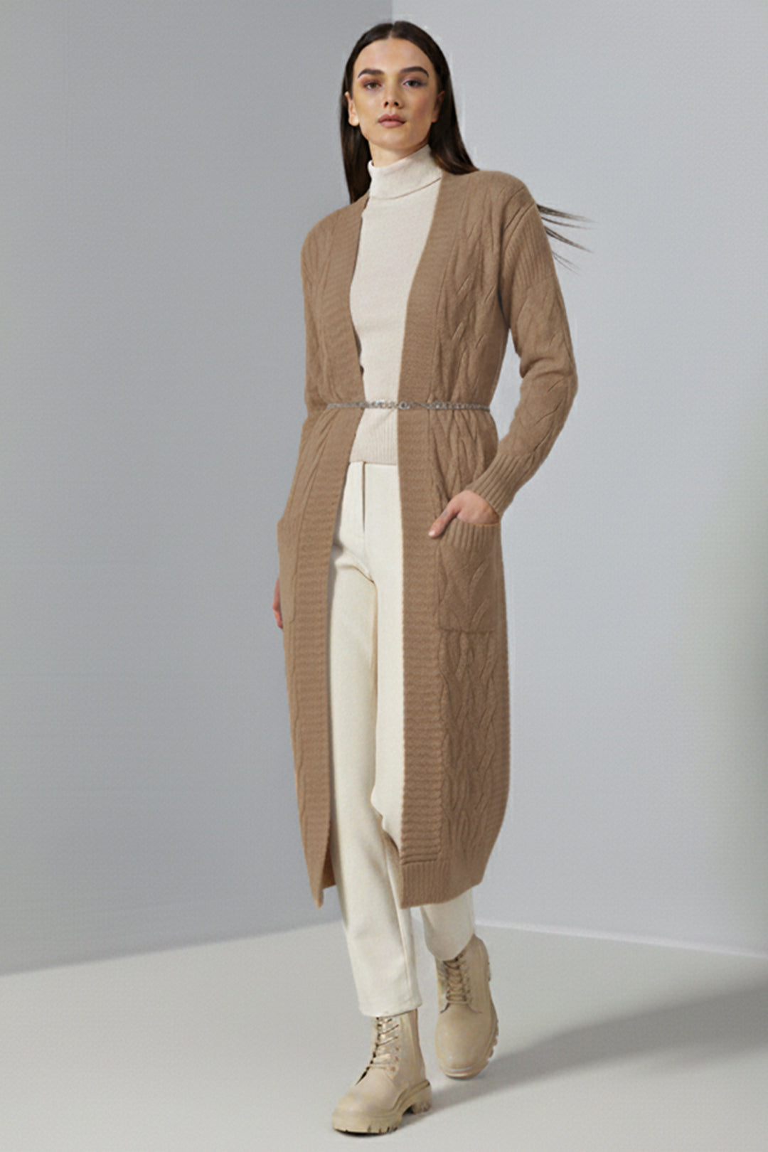 BNG Women Örgü Desenli Uzun Triko Hırka R2817 Camel - Hyde