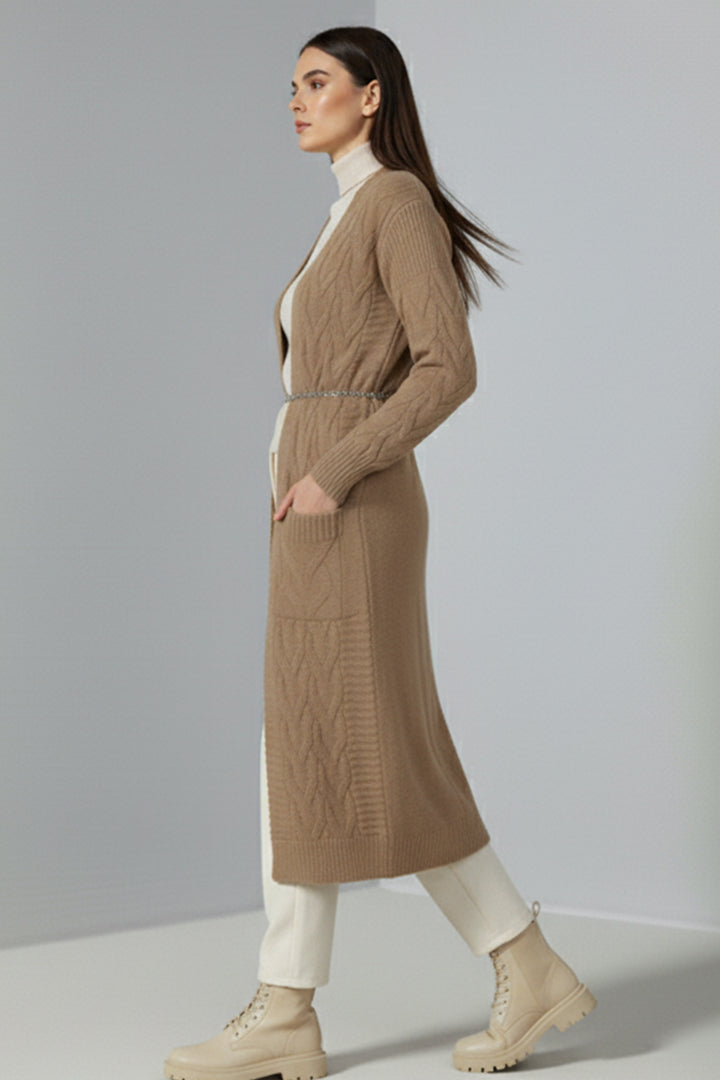 BNG Women Örgü Desenli Uzun Triko Hırka R2817 Camel - Hyde