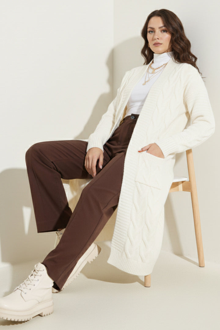 BNG Women Örgü Desenli Uzun Triko Hırka R2817 Ekru - Hawthorne