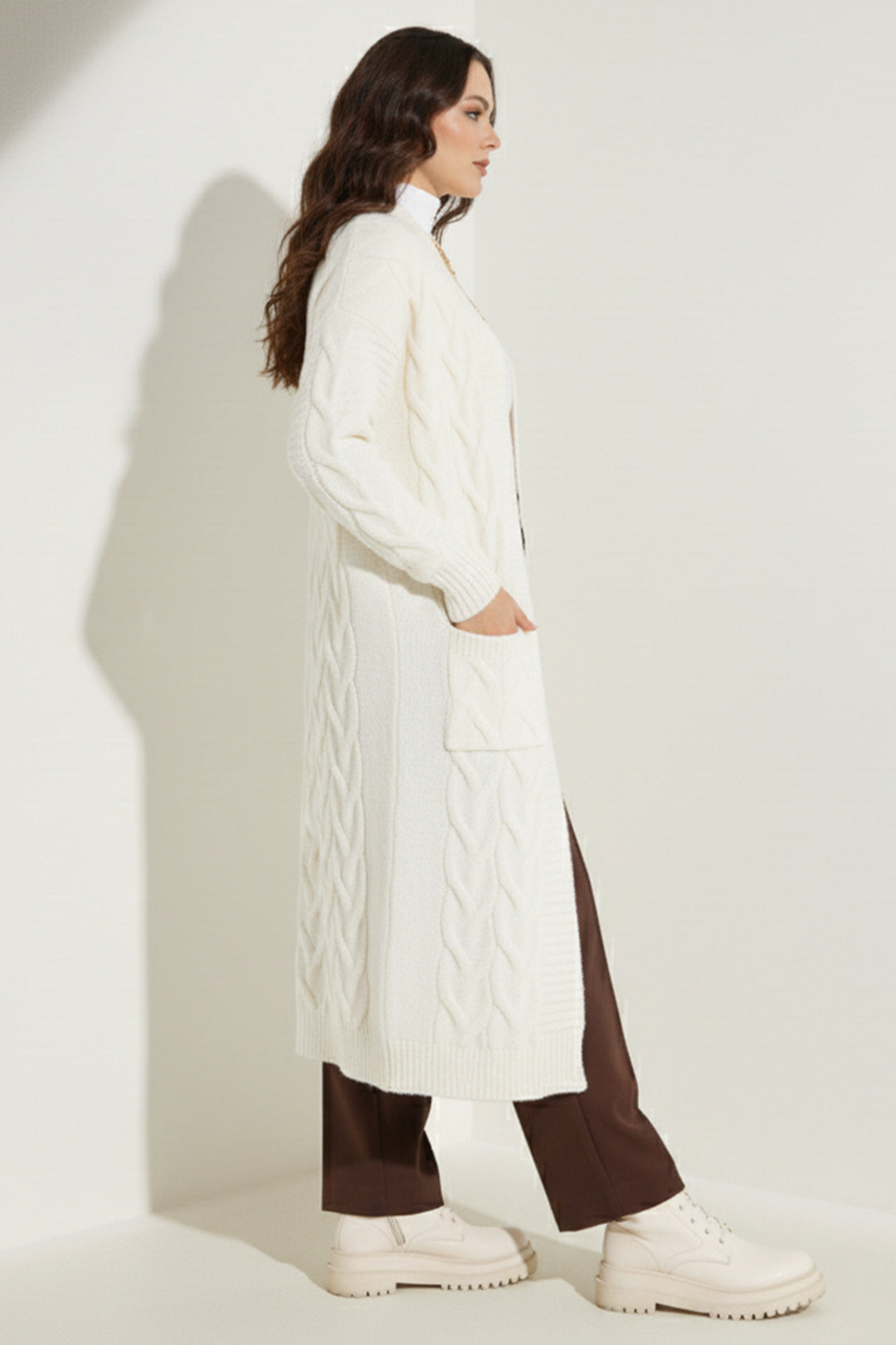 BNG Women Örgü Desenli Uzun Triko Hırka R2817 Ekru - Hawthorne