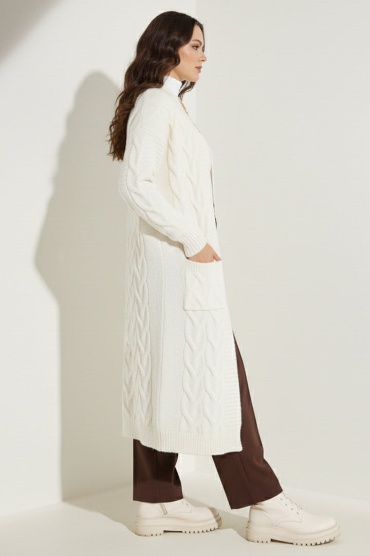 BNG Women Örgü Desenli Uzun Triko Hırka R2817 Ekru - Hawthorne