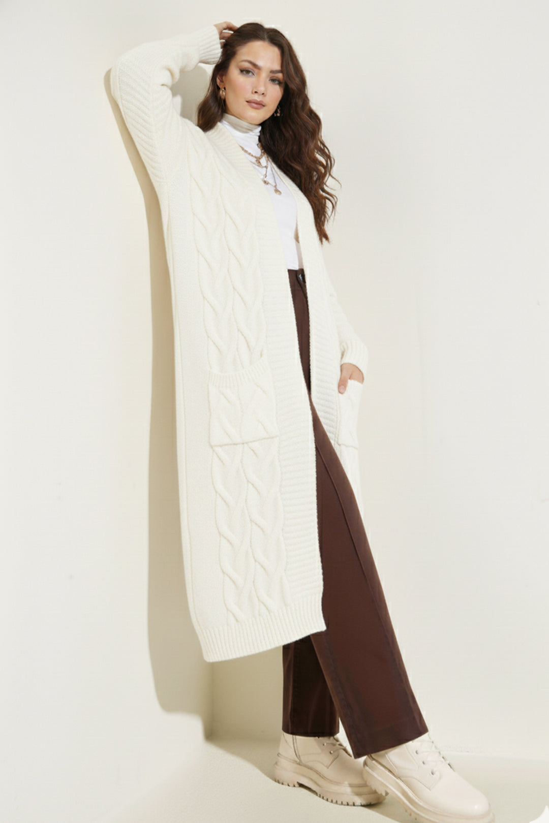 BNG Women Örgü Desenli Uzun Triko Hırka R2817 Ekru - Hawthorne