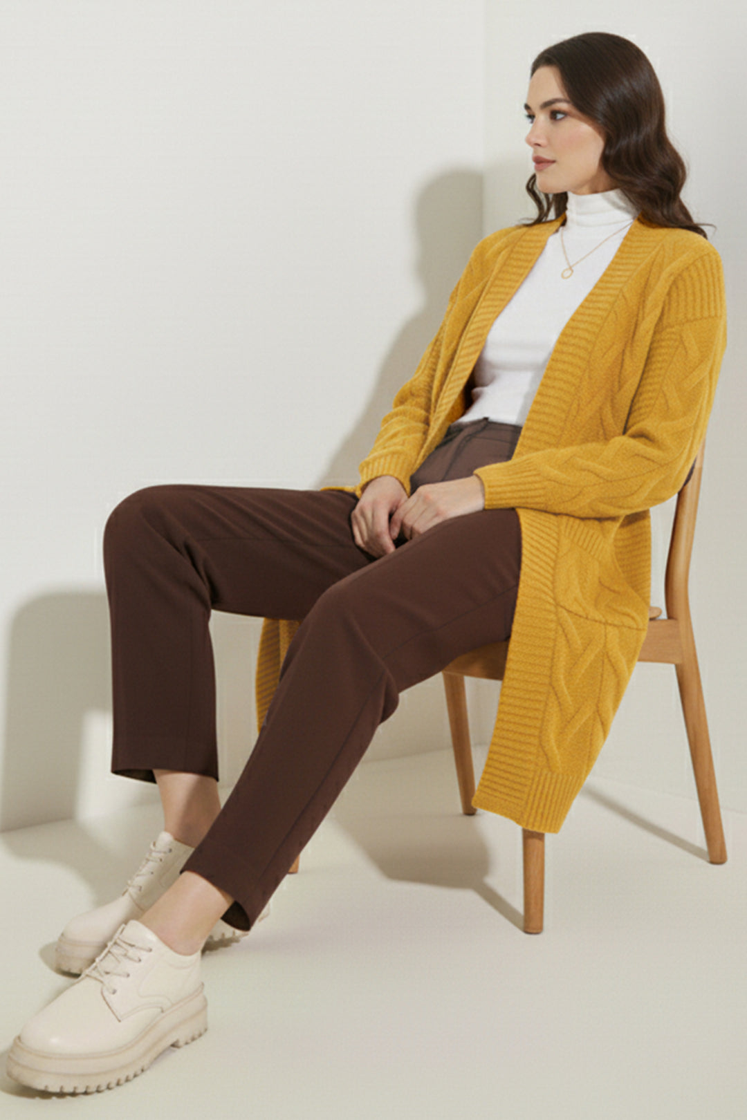 BNG Women Örgü Desenli Uzun Triko Hırka R2817 Hardal - Palm Harbor