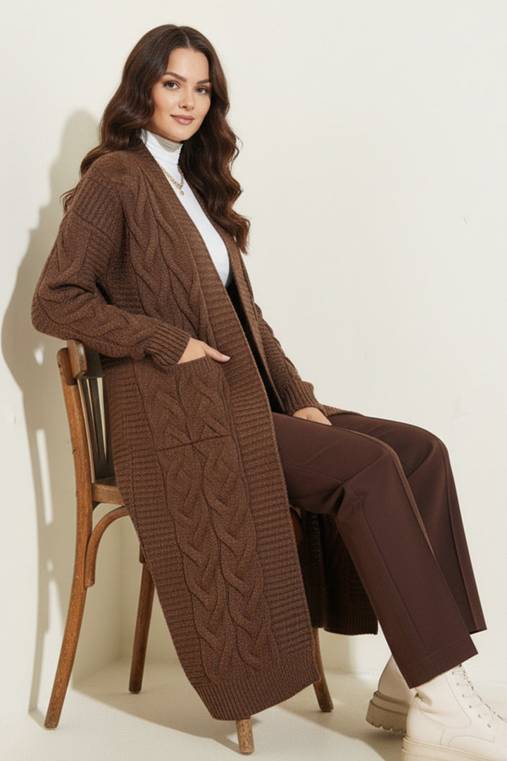 BNG Women Örgü Desenli Uzun Triko Hırka R2817 Kahverengi - Murcia