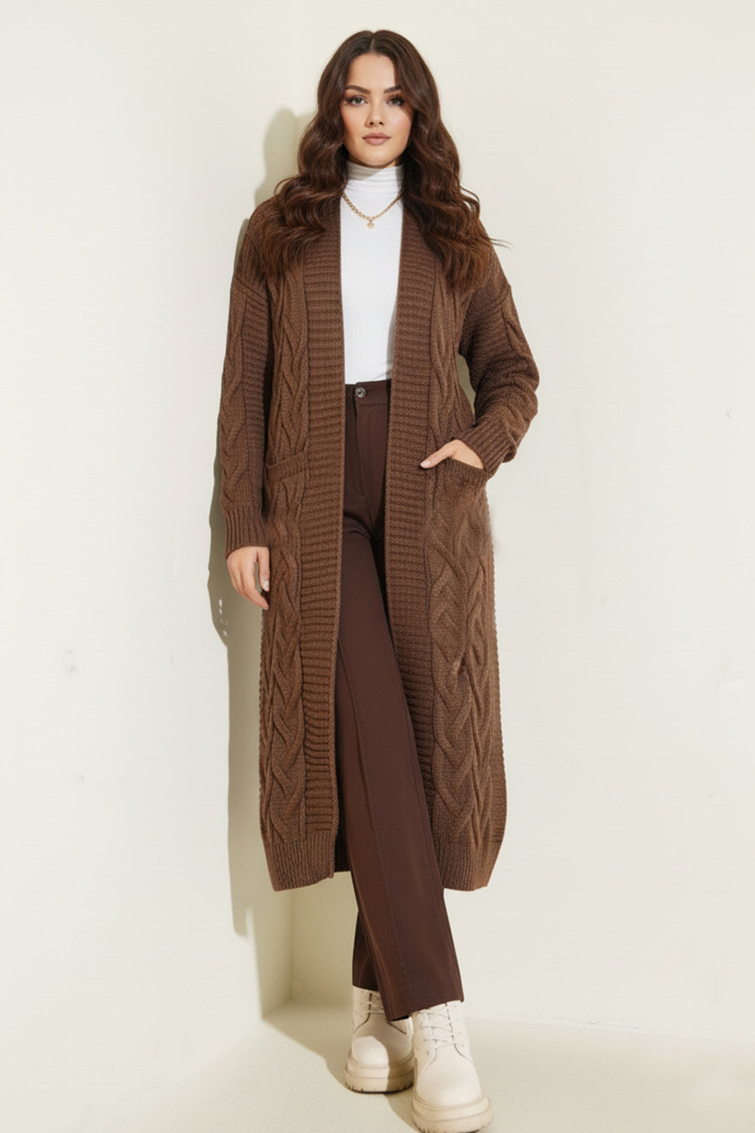 BNG Women Örgü Desenli Uzun Triko Hırka R2817 Kahverengi - Murcia