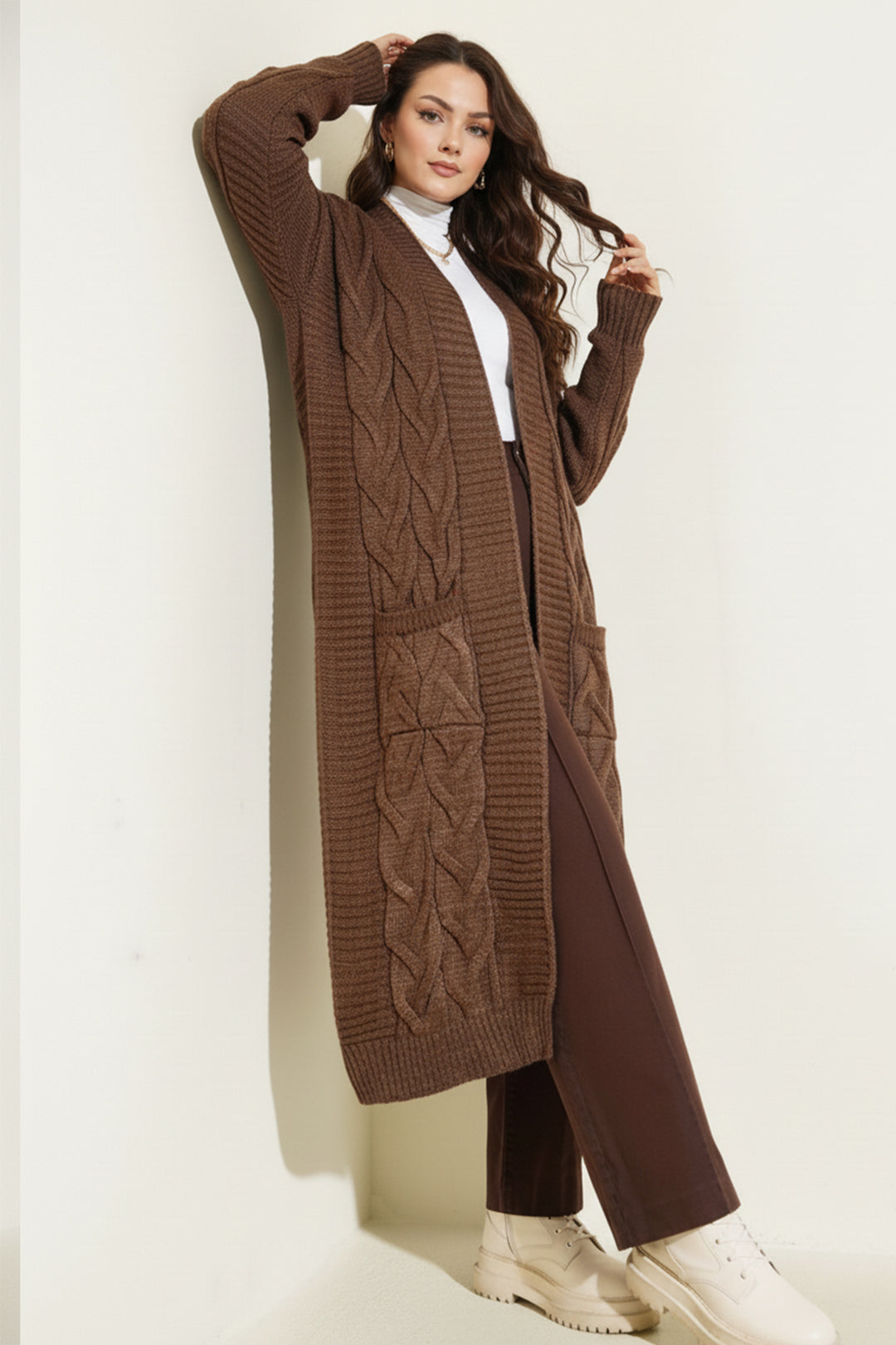 BNG Women Örgü Desenli Uzun Triko Hırka R2817 Kahverengi - Murcia