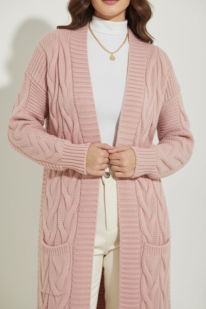 BNG Women Örgü Desenli Uzun Triko Hırka R2817 Pudra - Lynchburg