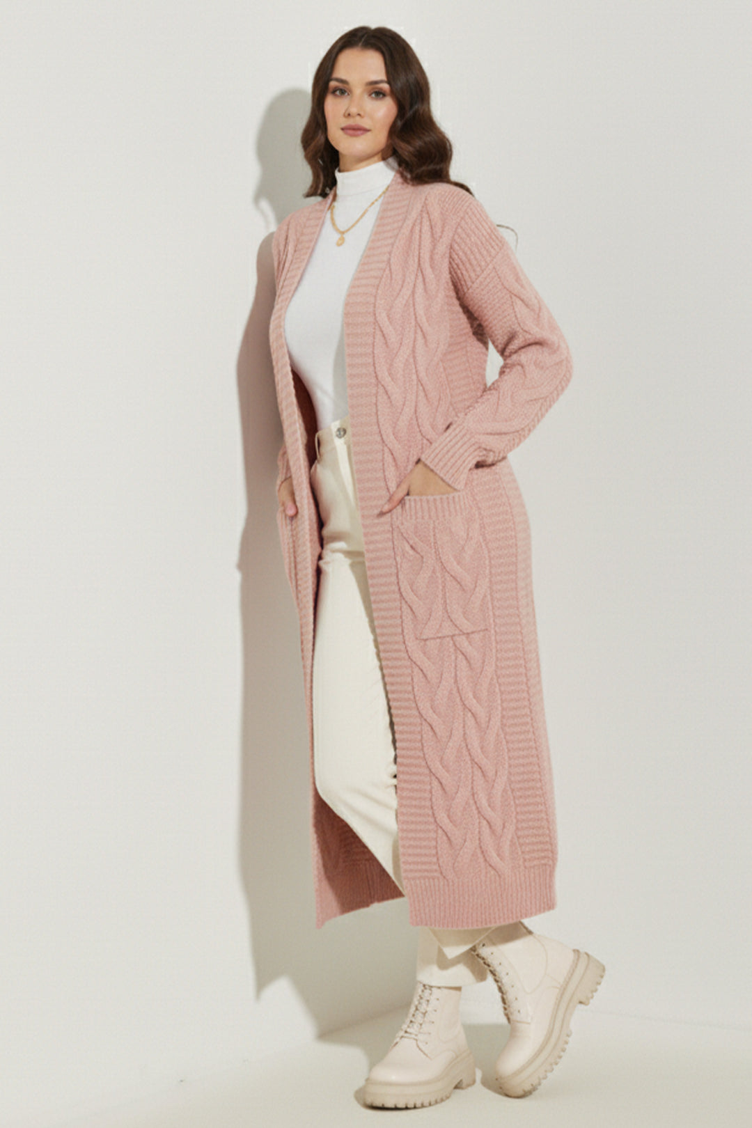 BNG Women Örgü Desenli Uzun Triko Hırka R2817 Pudra - Lynchburg