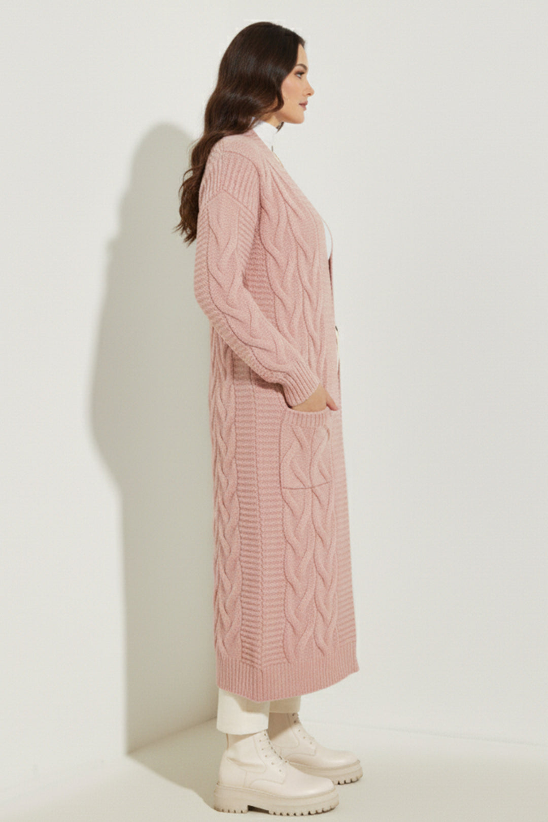 BNG Women Örgü Desenli Uzun Triko Hırka R2817 Pudra - Lynchburg