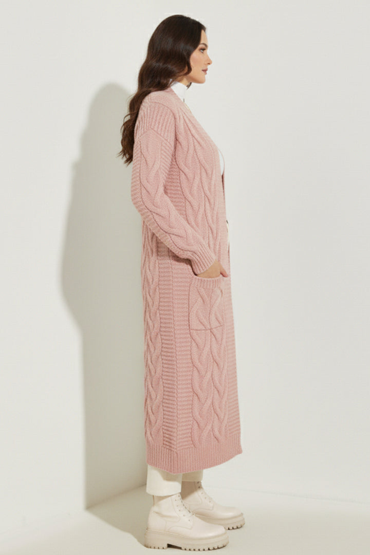 BNG Women Örgü Desenli Uzun Triko Hırka R2817 Pudra - Lynchburg