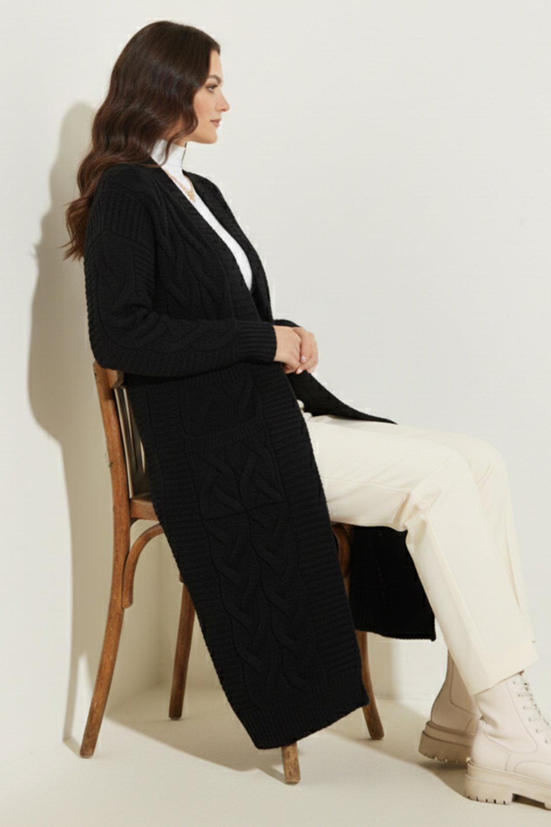 BNG Women Örgü Desenli Uzun Triko Hırka R2817 Siyah - Mérignac