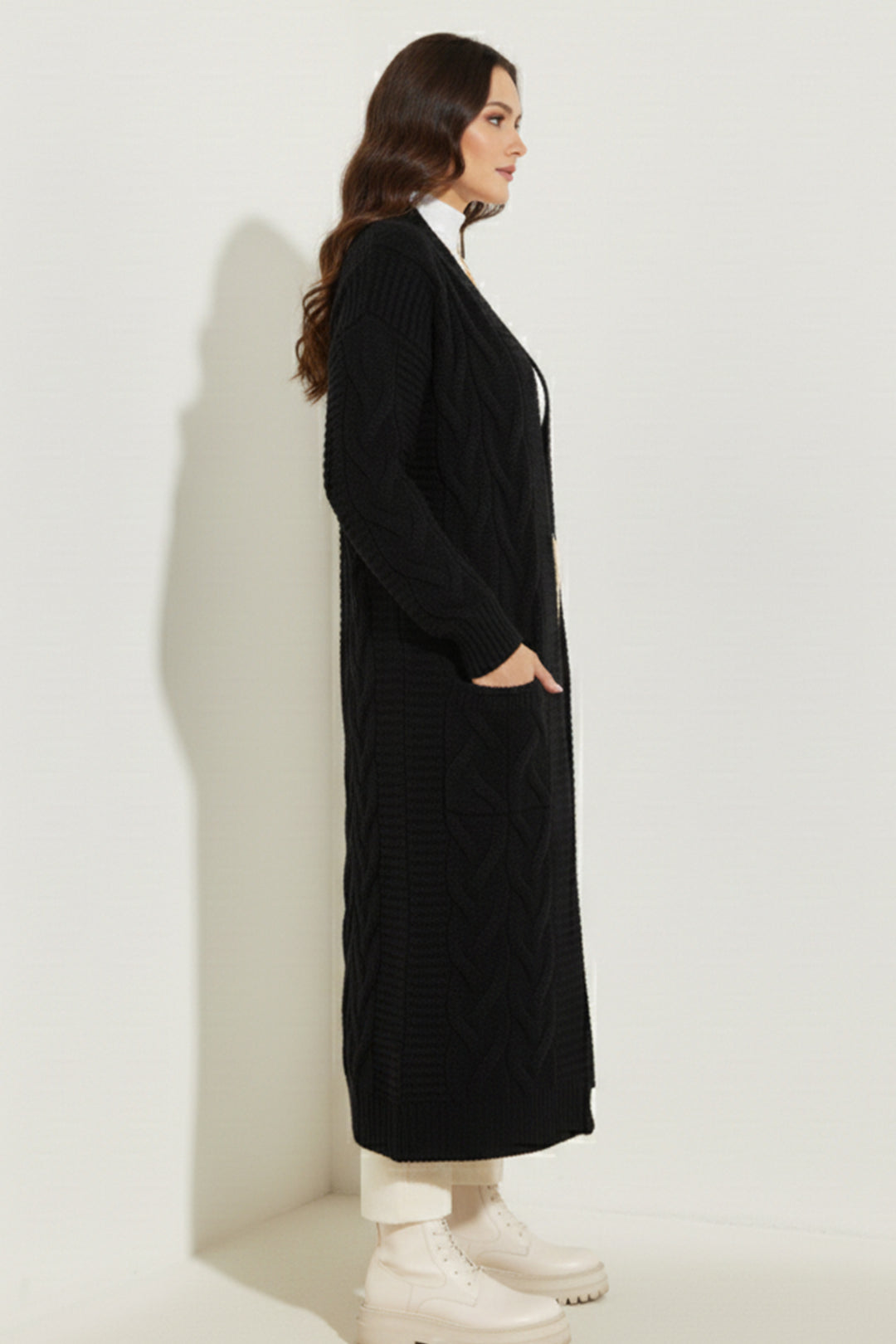 BNG Women Örgü Desenli Uzun Triko Hırka R2817 Siyah - Mérignac