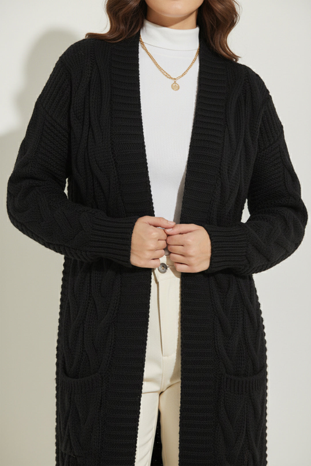 BNG Women Örgü Desenli Uzun Triko Hırka R2817 Siyah - Mérignac