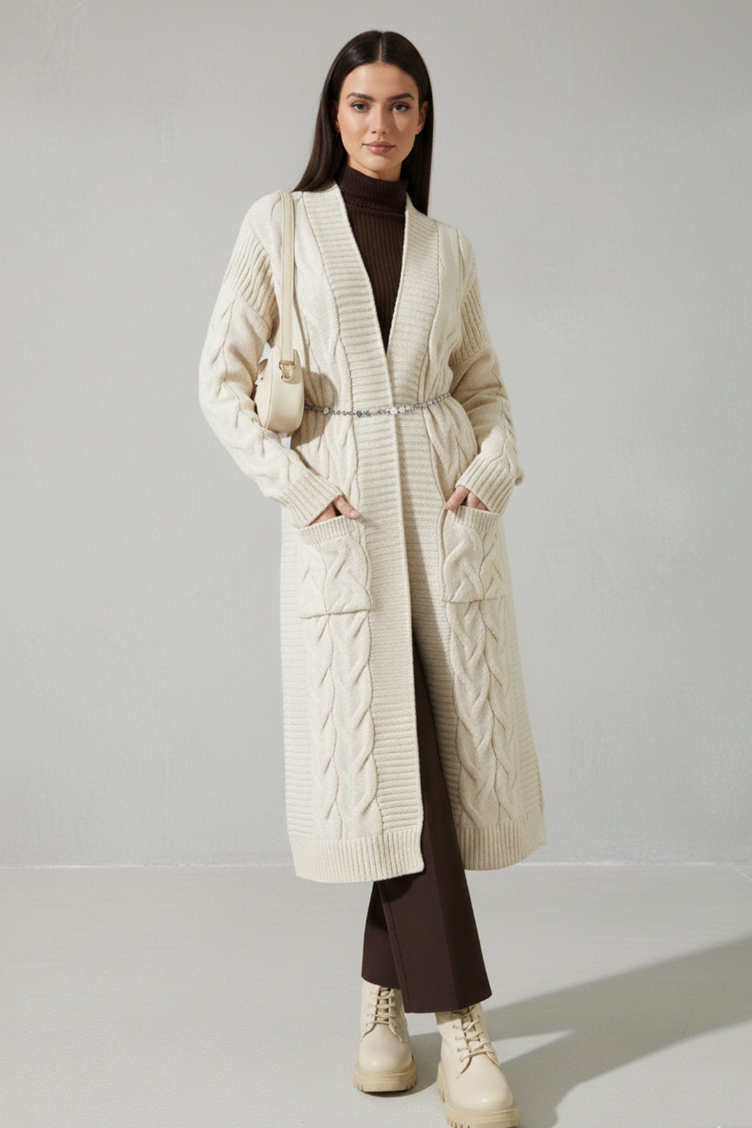 BNG Women Örgü Desenli Uzun Triko Hırka R2817 Taş Rengi - Cwmbran