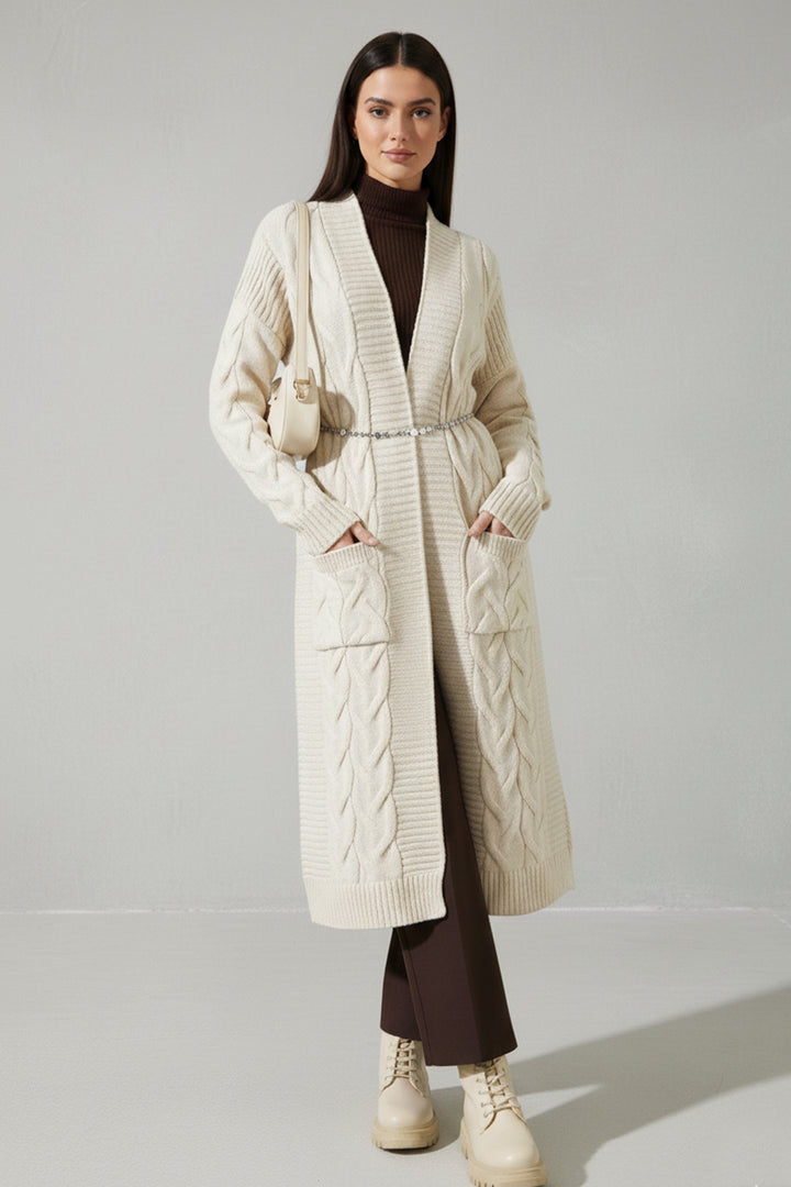 BNG Women Örgü Desenli Uzun Triko Hırka R2817 Taş Rengi - Cwmbran