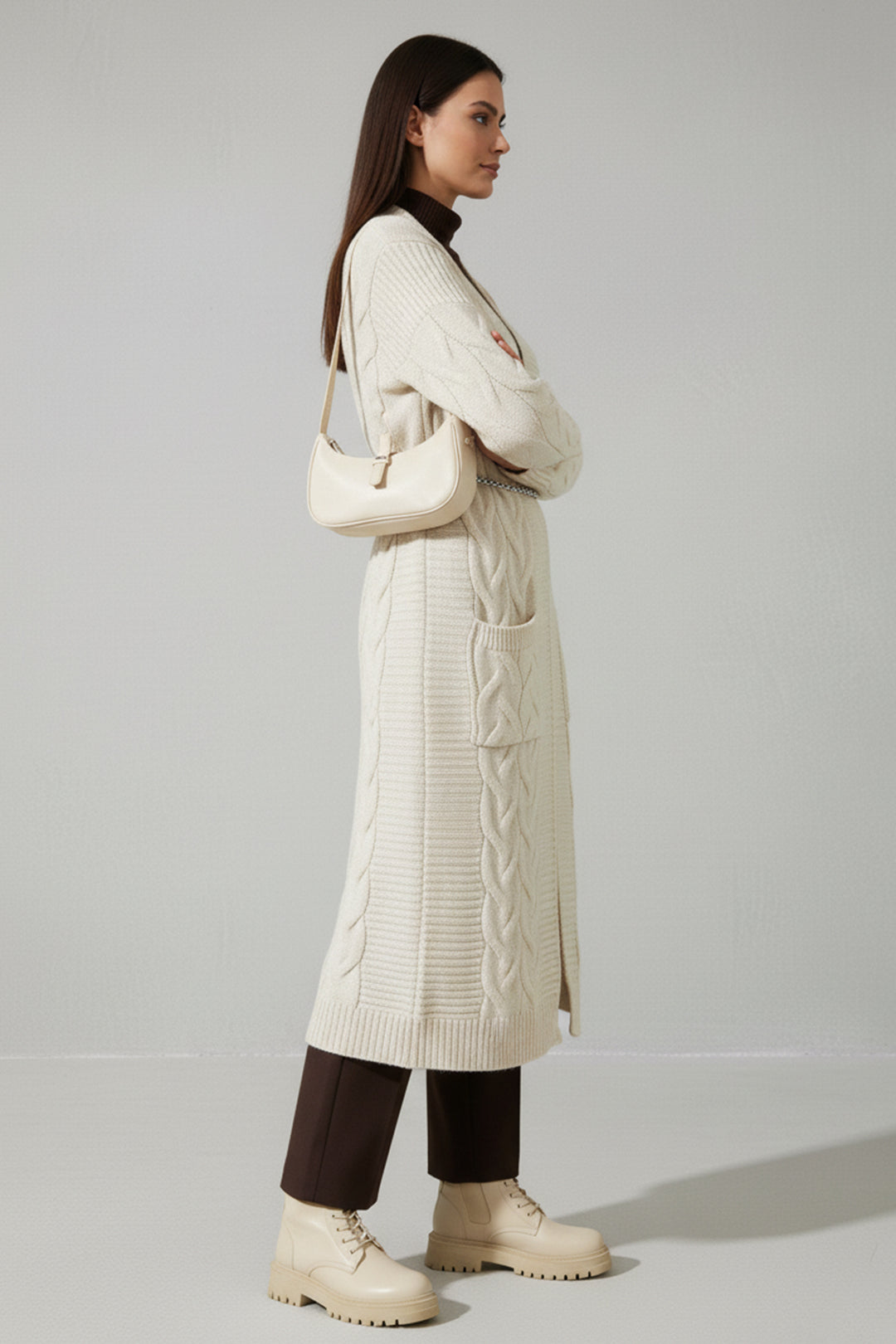 BNG Women Örgü Desenli Uzun Triko Hırka R2817 Taş Rengi - Cwmbran