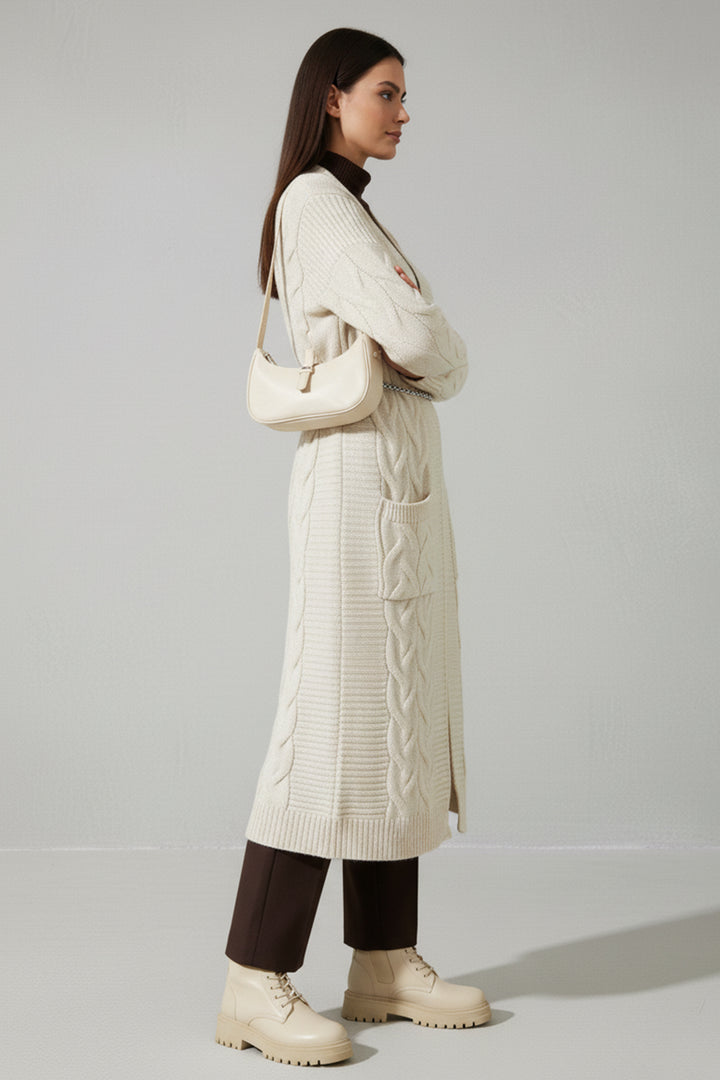 BNG Women Örgü Desenli Uzun Triko Hırka R2817 Taş Rengi - Cwmbran