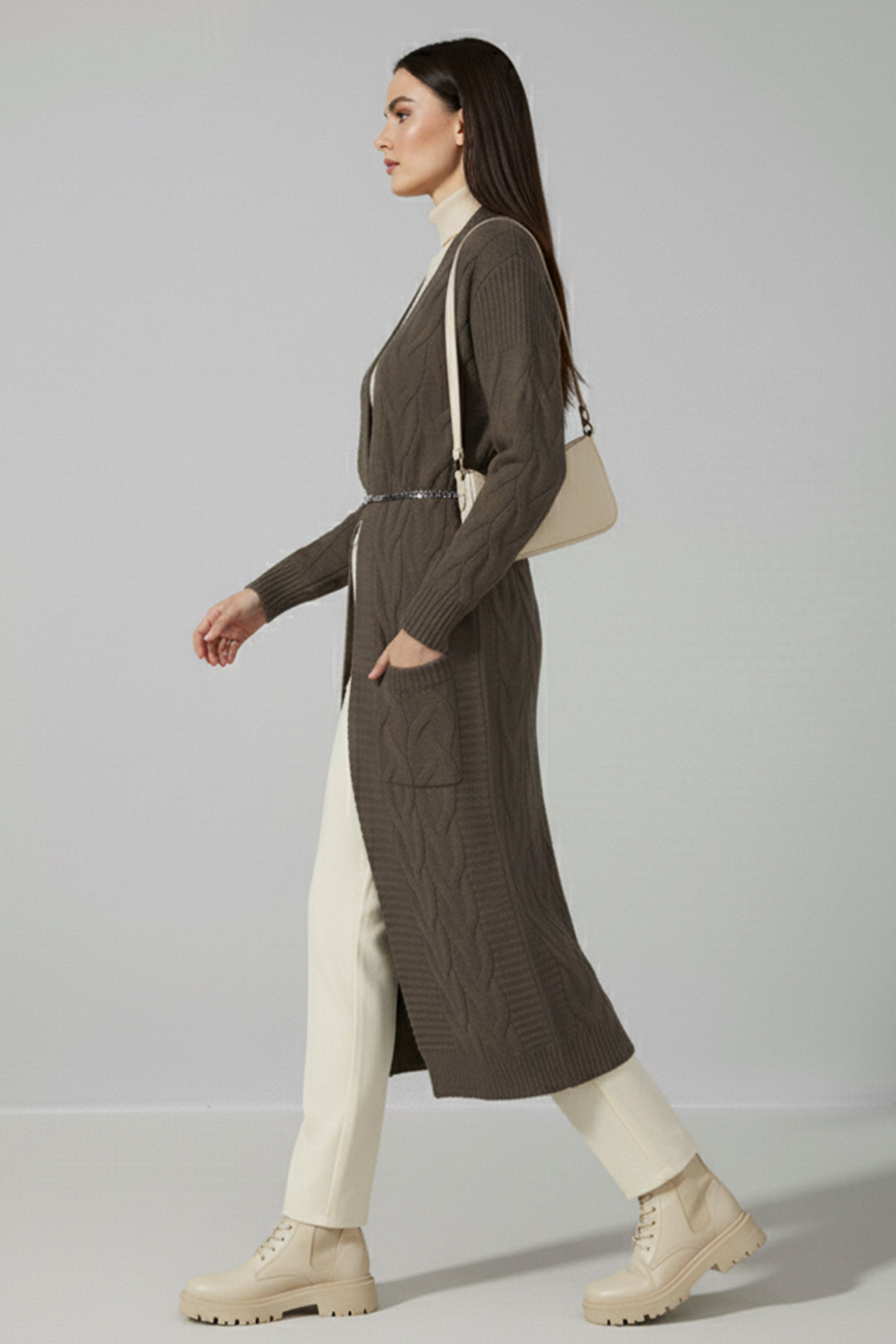 BNG Women Knitted Pattern Long Cardigan R2817 Mink - Arles