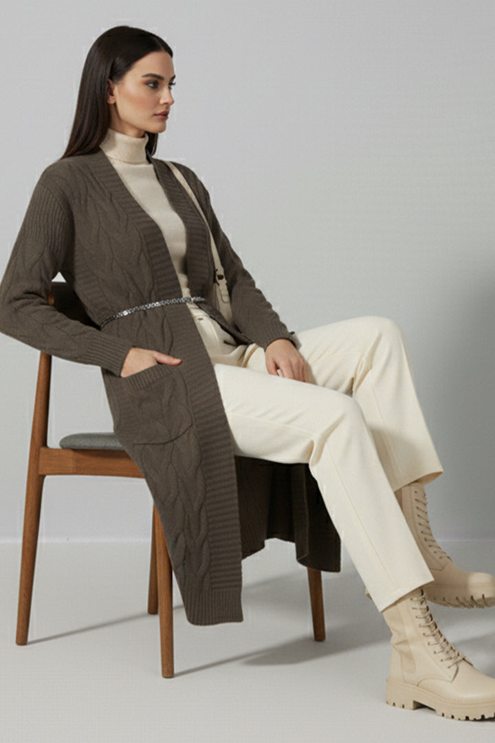 BNG Women Knitted Pattern Long Cardigan R2817 Mink - Arles