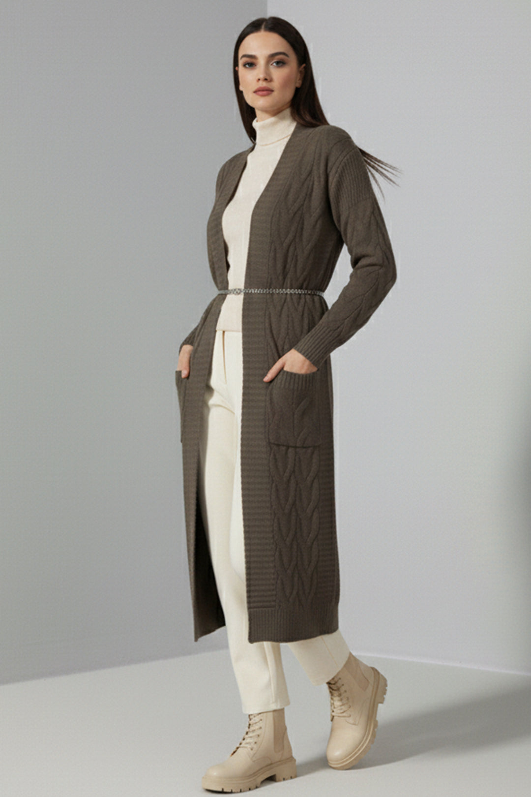 BNG Women Knitted Pattern Long Cardigan R2817 Mink - Arles