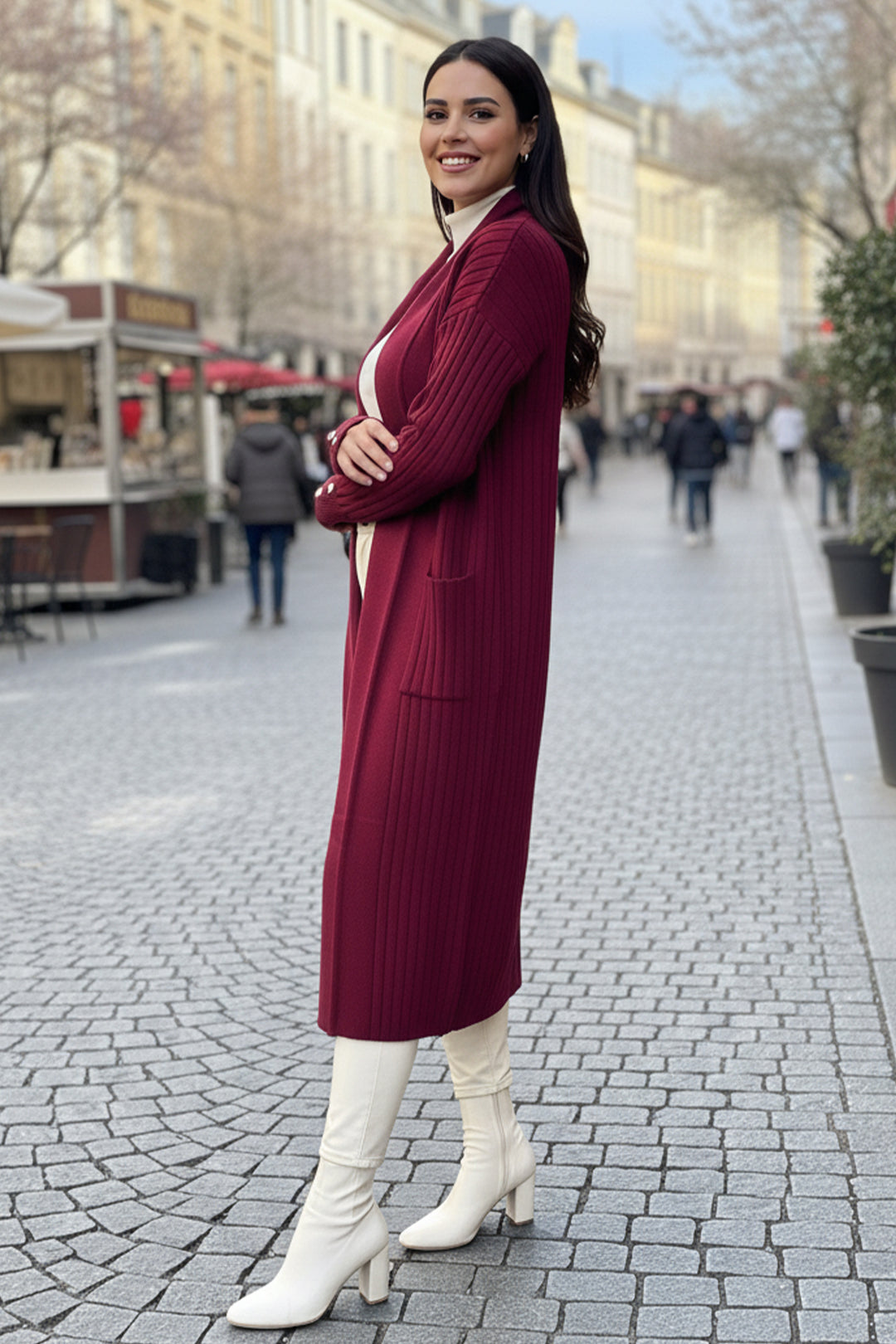 BNG Women Buttoned Arm Threaded Knit Cardigan R7146 Burgundy - Charlottesville