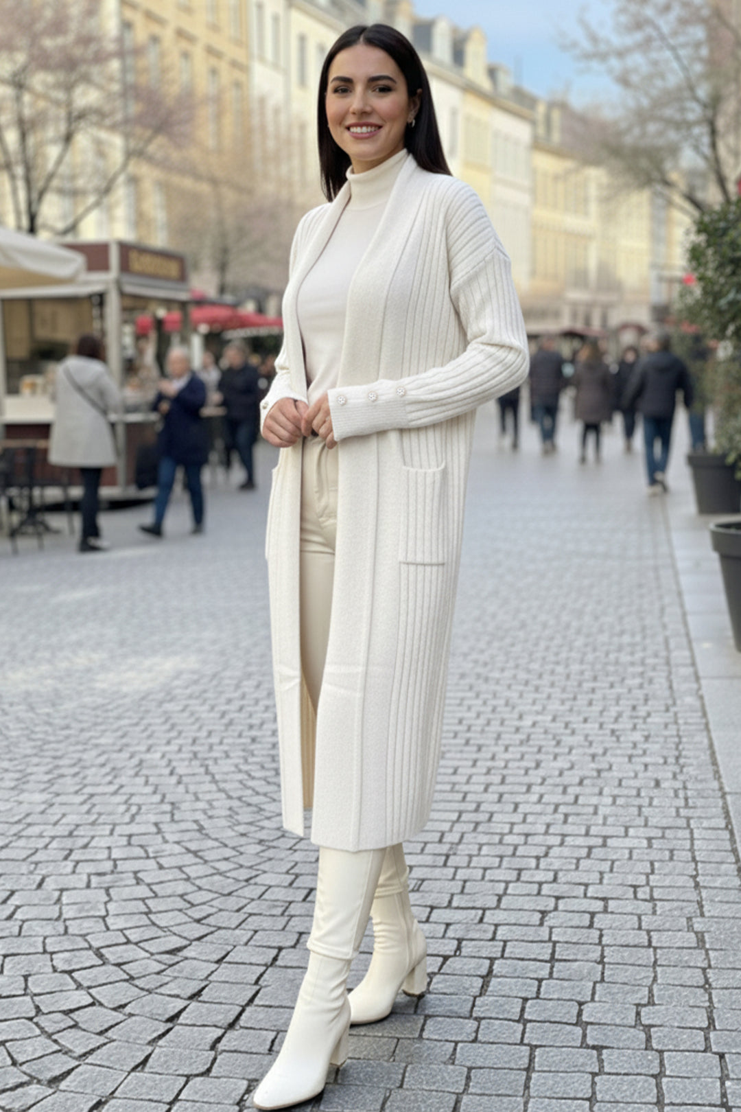 BNG Women Buttoned Arm Threaded Knit Cardigan R7146 Ecru - Pleasanton