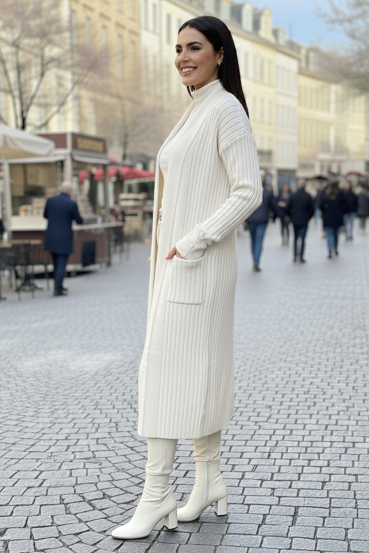 BNG Women Buttoned Arm Threaded Knit Cardigan R7146 Ecru - Pleasanton