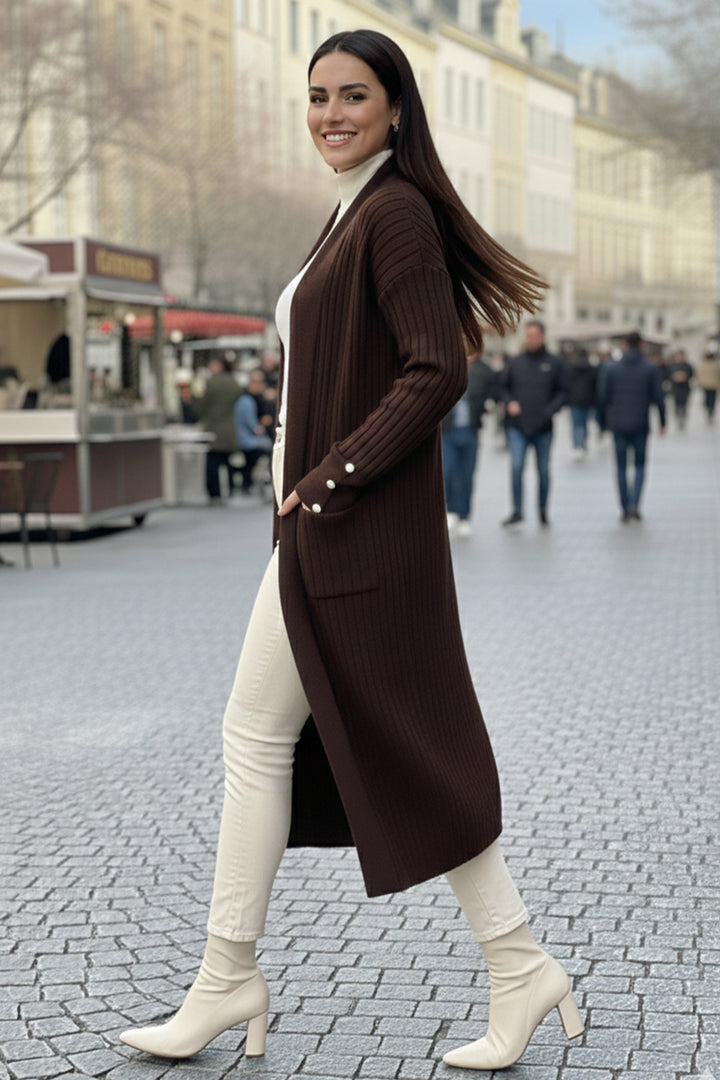 BNG Women Kolu Düğmeli Fitilli Triko Hırka R7146 Kahverengi - Guacharachi