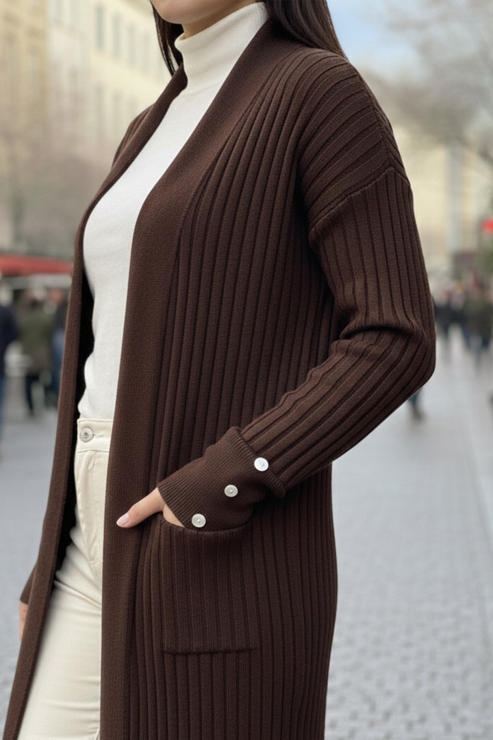 BNG Women Kolu Düğmeli Fitilli Triko Hırka R7146 Kahverengi - Guacharachi