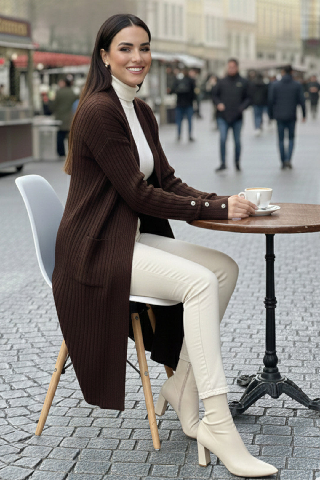 BNG Women Kolu Düğmeli Fitilli Triko Hırka R7146 Kahverengi - Guacharachi