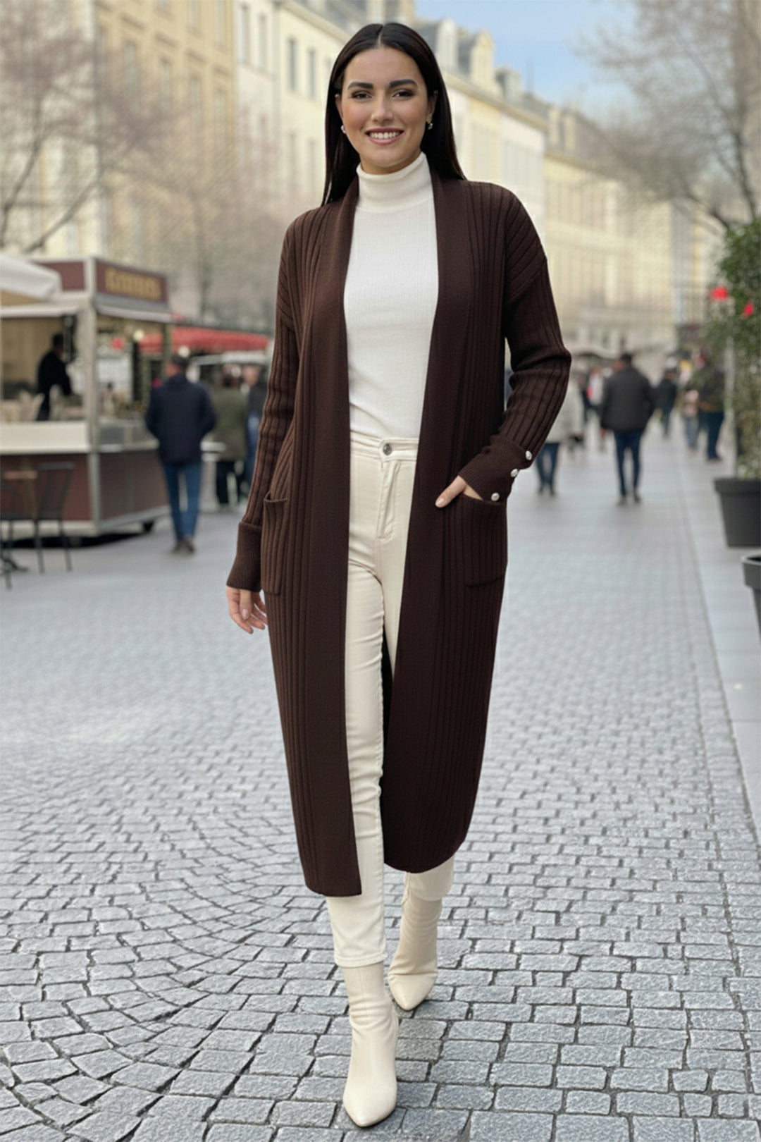 BNG Women Kolu Düğmeli Fitilli Triko Hırka R7146 Kahverengi - Guacharachi