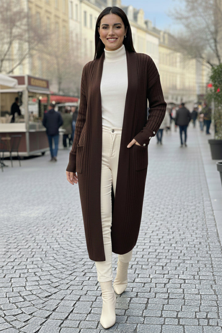 BNG Women Kolu Düğmeli Fitilli Triko Hırka R7146 Kahverengi - Guacharachi