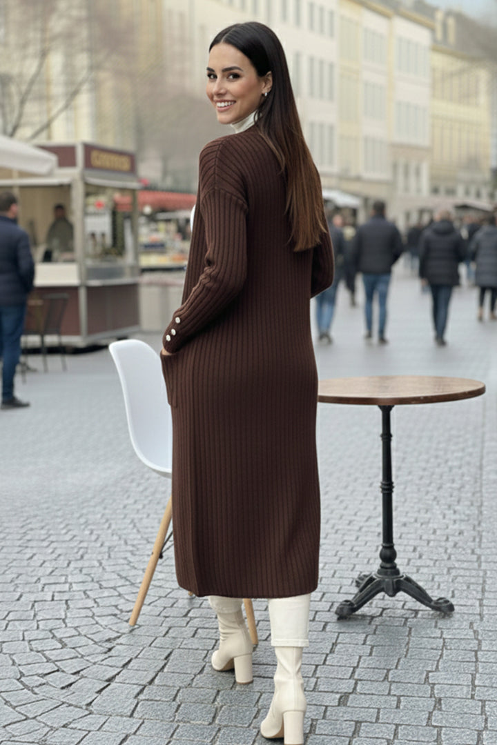 BNG Women Kolu Düğmeli Fitilli Triko Hırka R7146 Kahverengi - Guacharachi