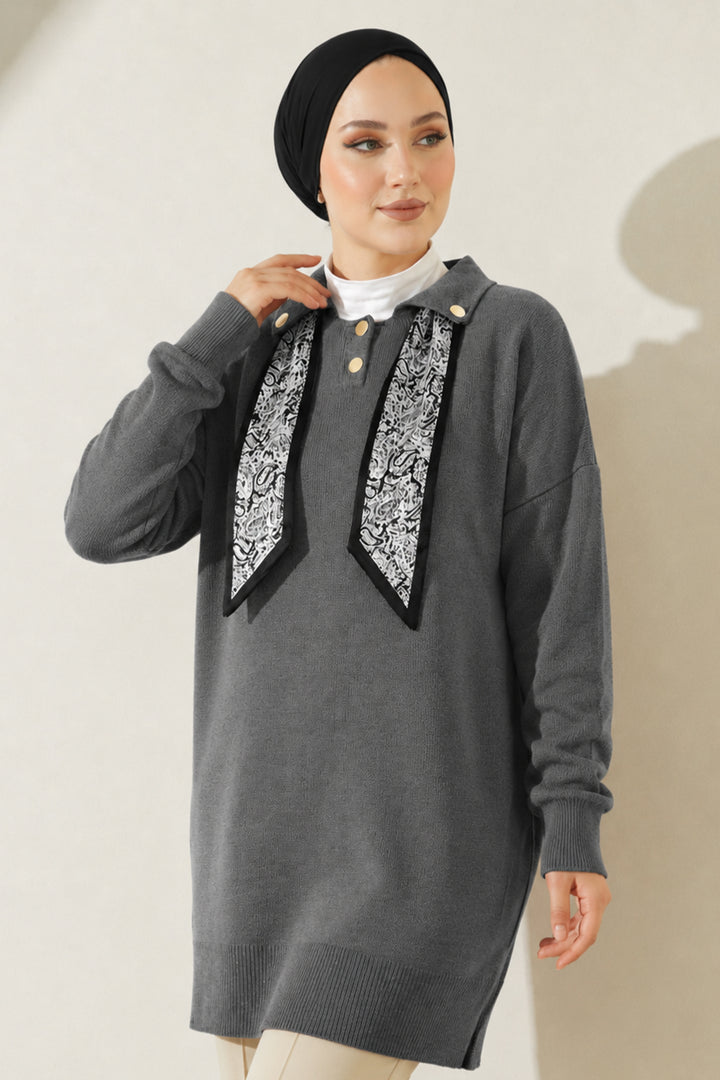 BNG Women Fularlı Triko Tunik R7178 Antrasit - Fort McMurray