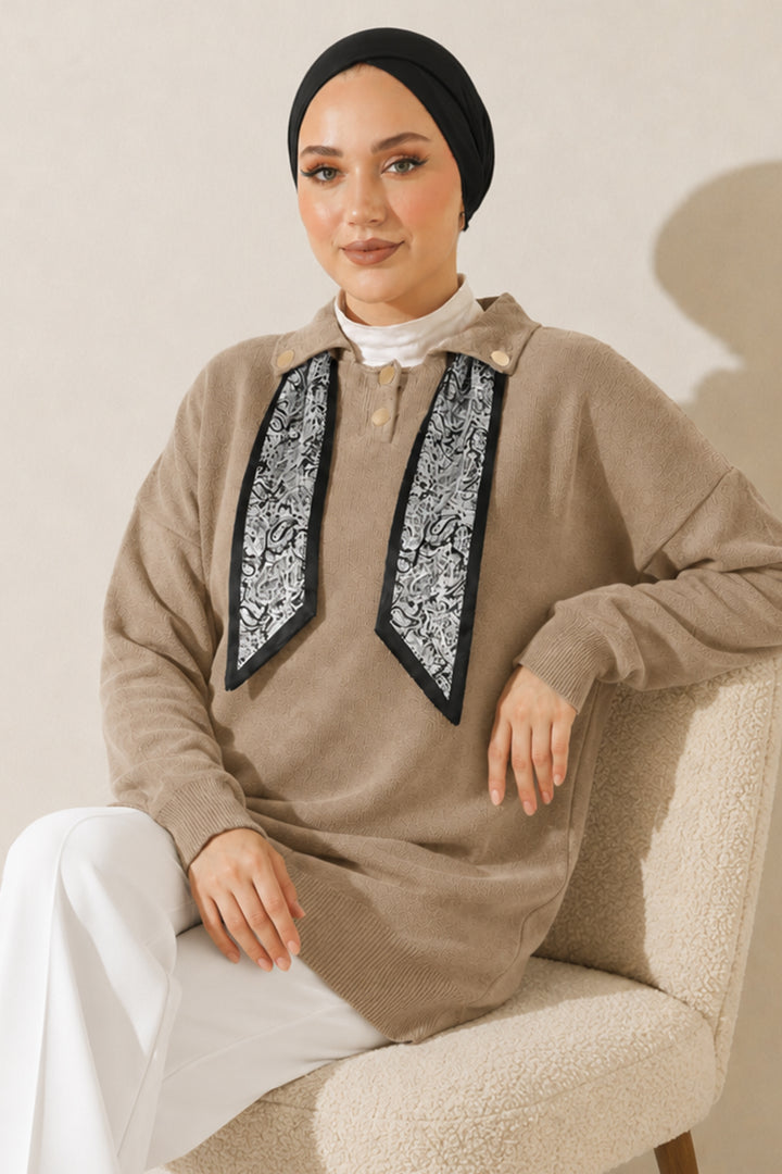 BNG Women Fularlı Triko Tunik R7178 Bej - Riga