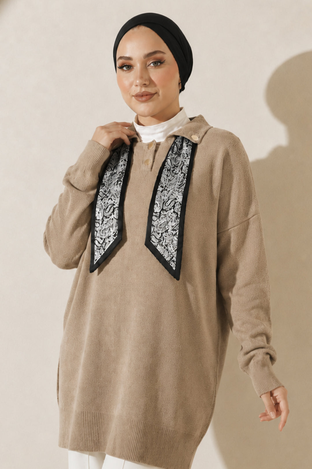 BNG Women Fularlı Triko Tunik R7178 Bej - Riga