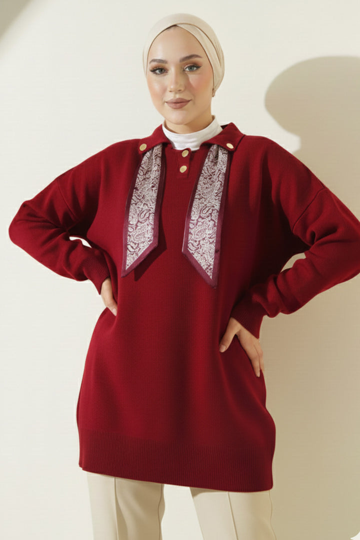 BNG Women Fularlı Triko Tunik R7178 Bordo - Fribourg