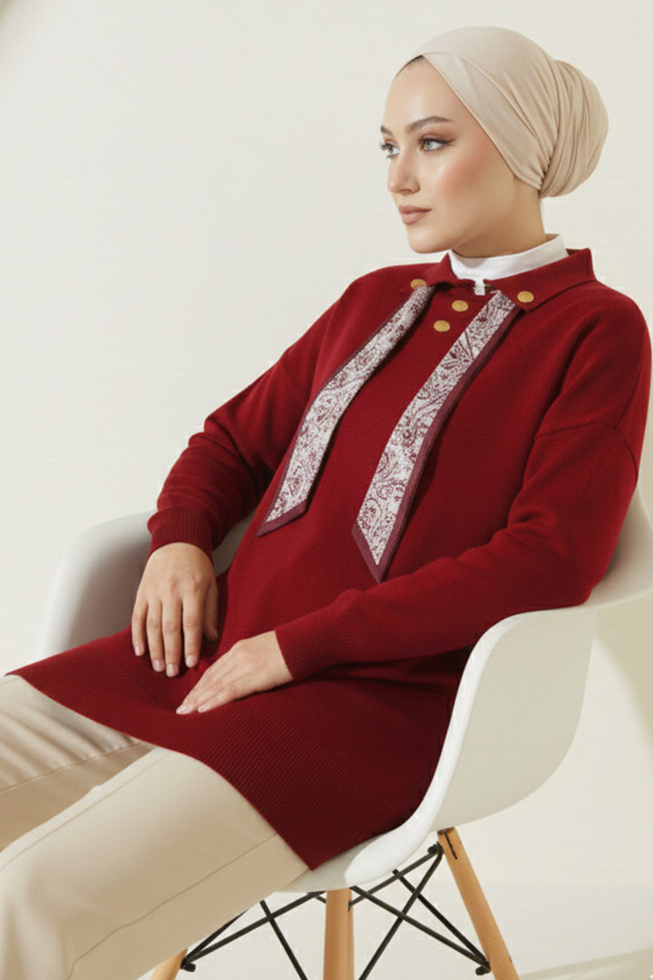 BNG Women Fularlı Triko Tunik R7178 Bordo - Fribourg