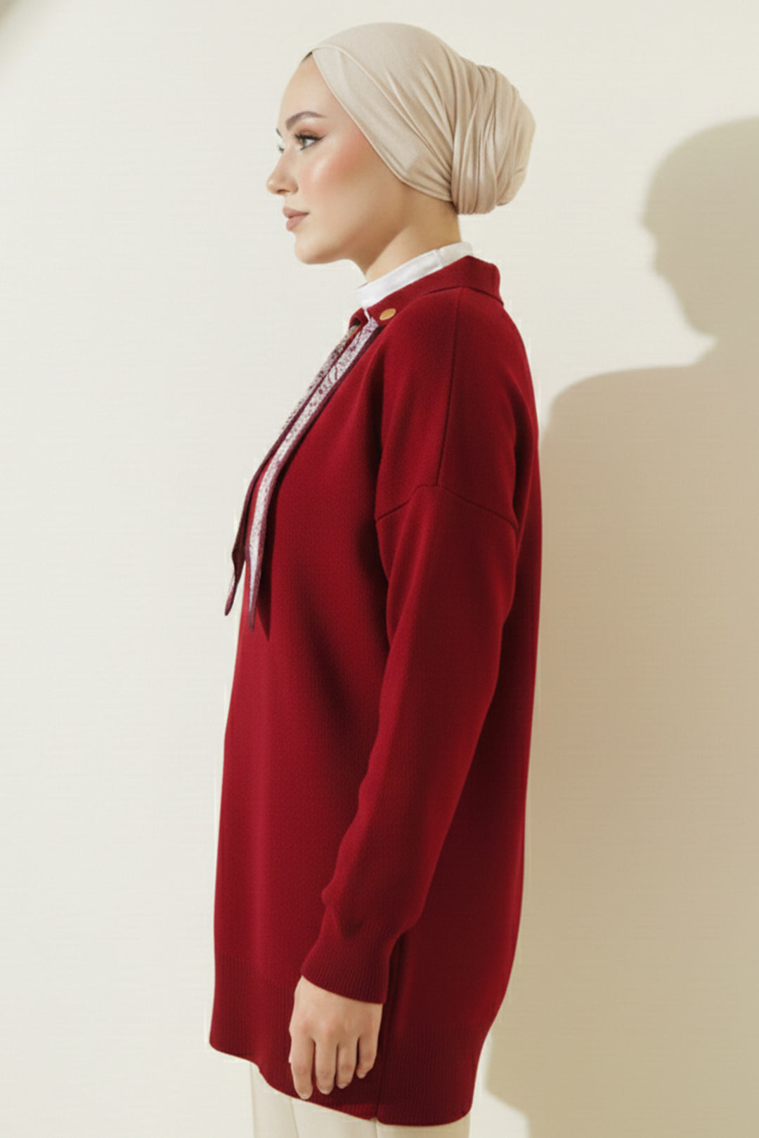 BNG Women Fularlı Triko Tunik R7178 Bordo - Fribourg
