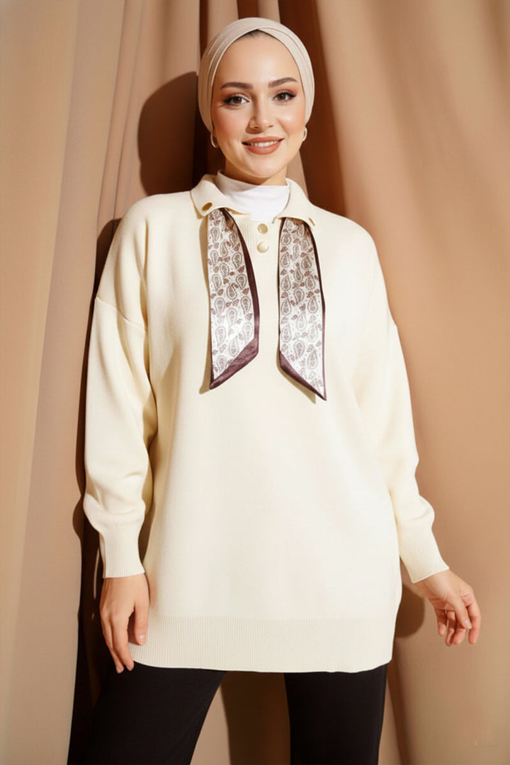 BNG Women Fularlı Triko Tunik R7178 Ekru - Šiauliai