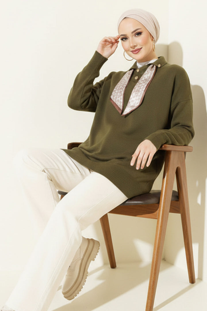 BNG Women Scarf Detailed Knit Tunic R7178 Khaki - Sunrise Manor