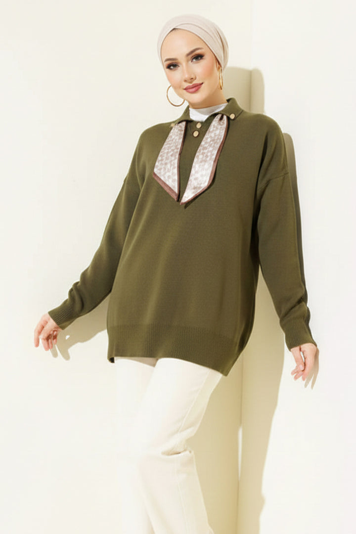 BNG Women Scarf Detailed Knit Tunic R7178 Khaki - Sunrise Manor