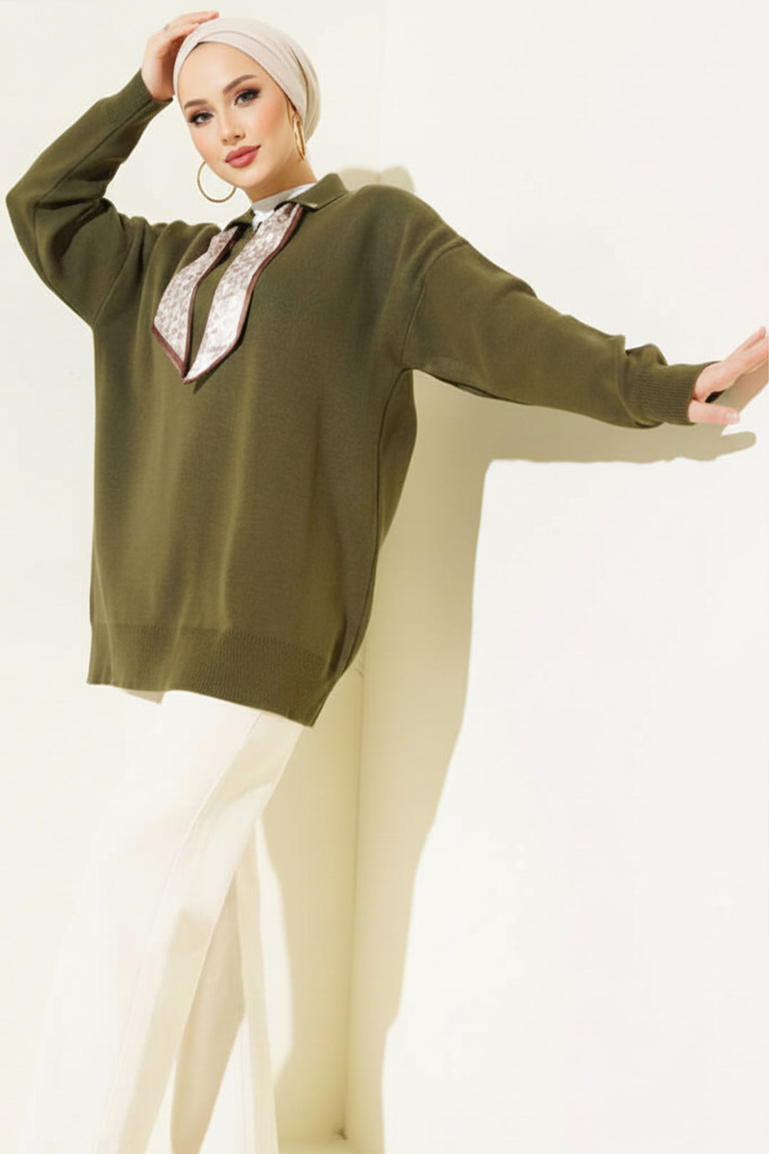 BNG Women Scarf Detailed Knit Tunic R7178 Khaki - Sunrise Manor