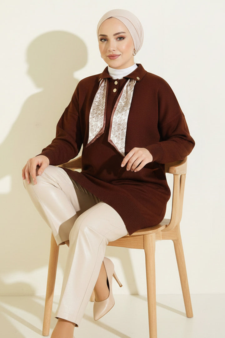 BNG Women Fularlı Triko Tunik R7178 Kahverengi - Woodstock