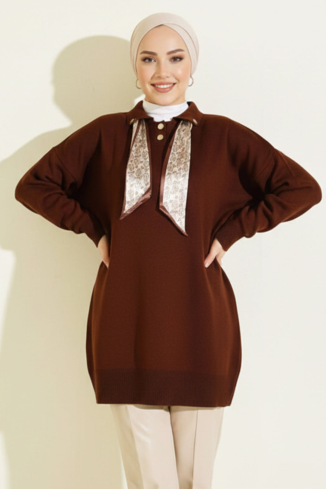 BNG Women Fularlı Triko Tunik R7178 Kahverengi - Woodstock