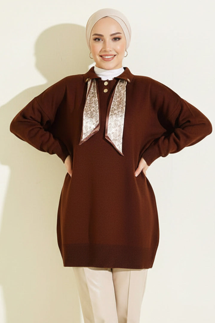 BNG Women Fularlı Triko Tunik R7178 Kahverengi - Woodstock