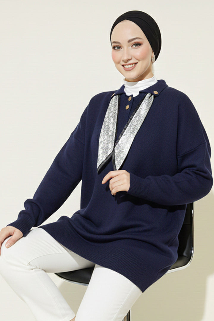 BNG Women Scarf Detailed Knit Tunic R7178 Navy - North Bergen