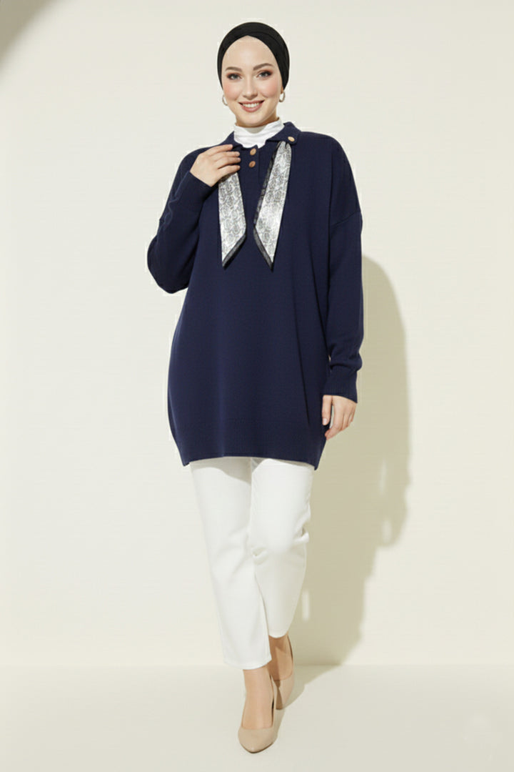 BNG Women Scarf Detailed Knit Tunic R7178 Navy - North Bergen