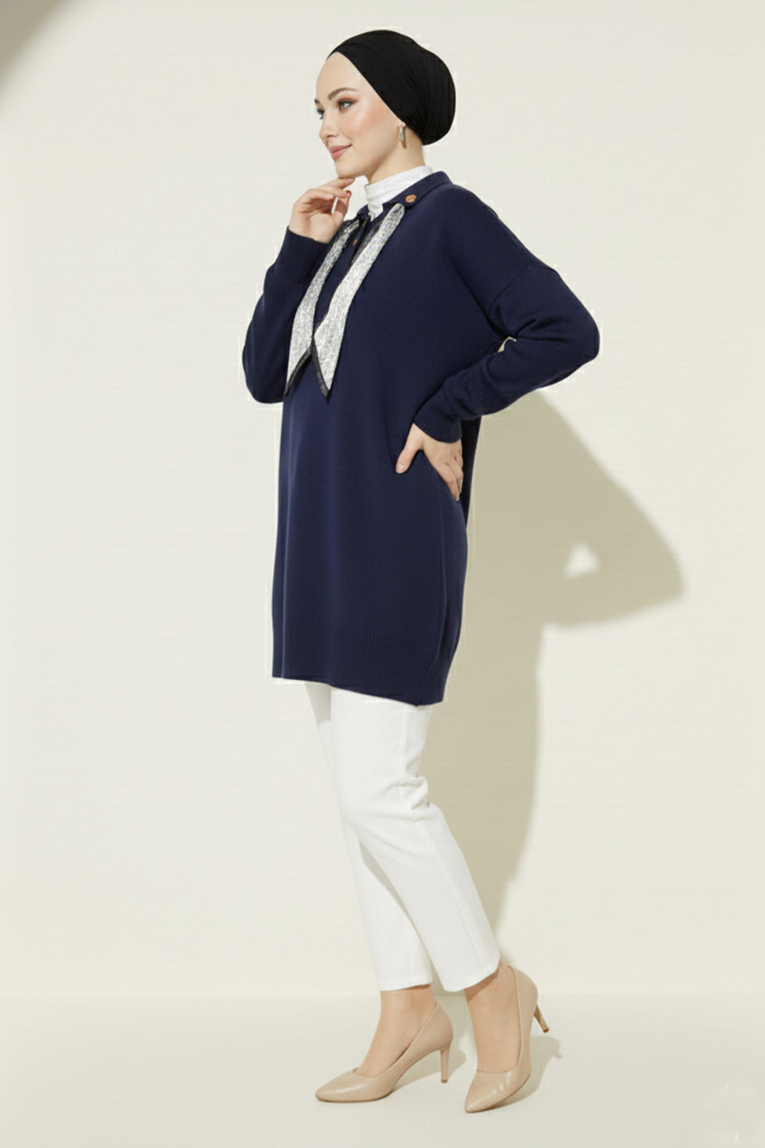 BNG Women Scarf Detailed Knit Tunic R7178 Navy - North Bergen