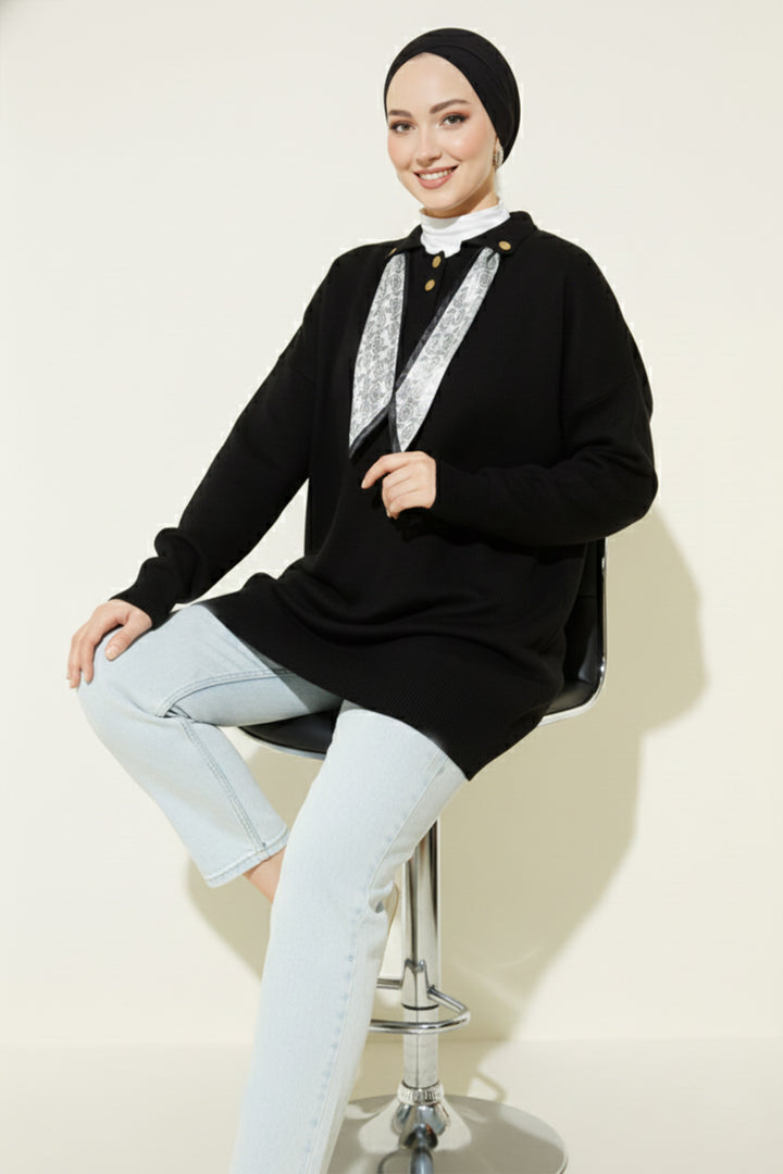 BNG Women Fularlı Triko Tunik R7178 Siyah - Cananea